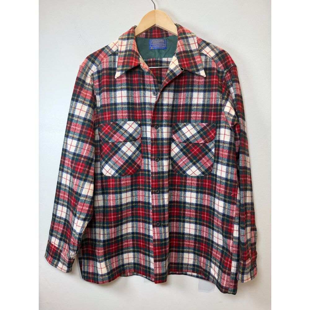 Pendleton Fireside Tartan Button Up Shirt Men’s Size Large Red Wool Vintage